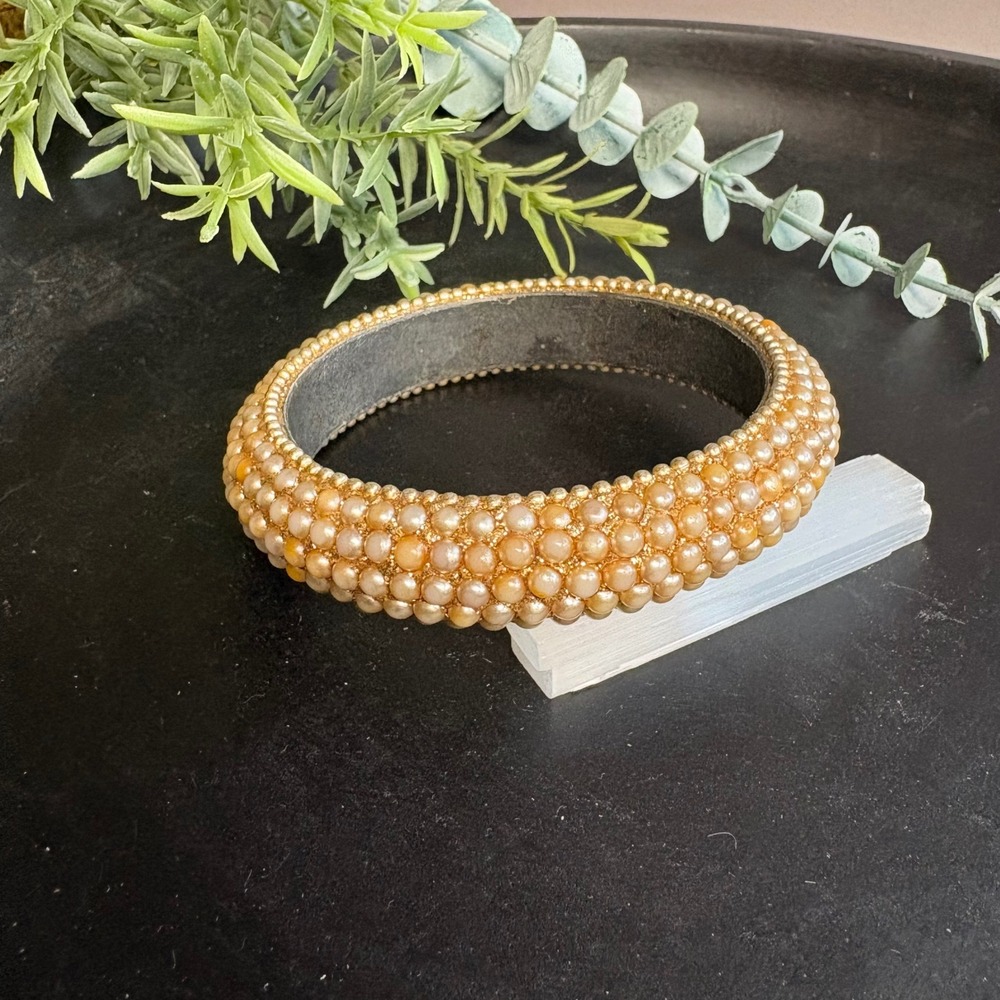 Vintage Faux Pearl‎ Bangle | Gold Tone Beaded Bracelet Classic Statement Jewelry
